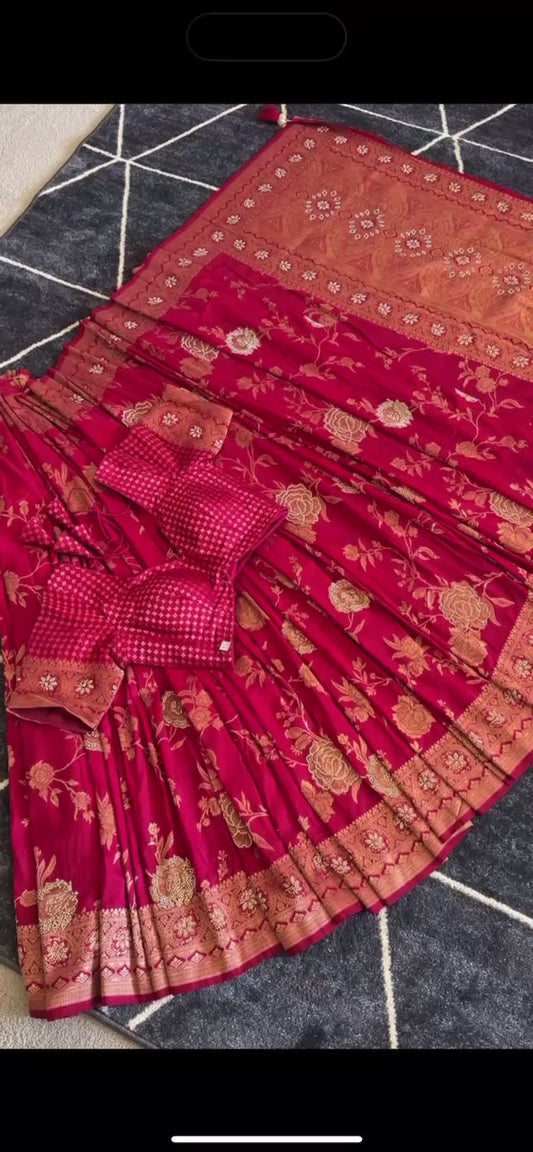 Maroon Pure dola silk sari
